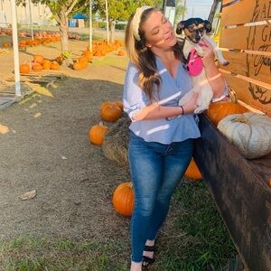 EMPIRE WASTE BABY BLUE POLKA DOT TIGH WASTE BLOUSE